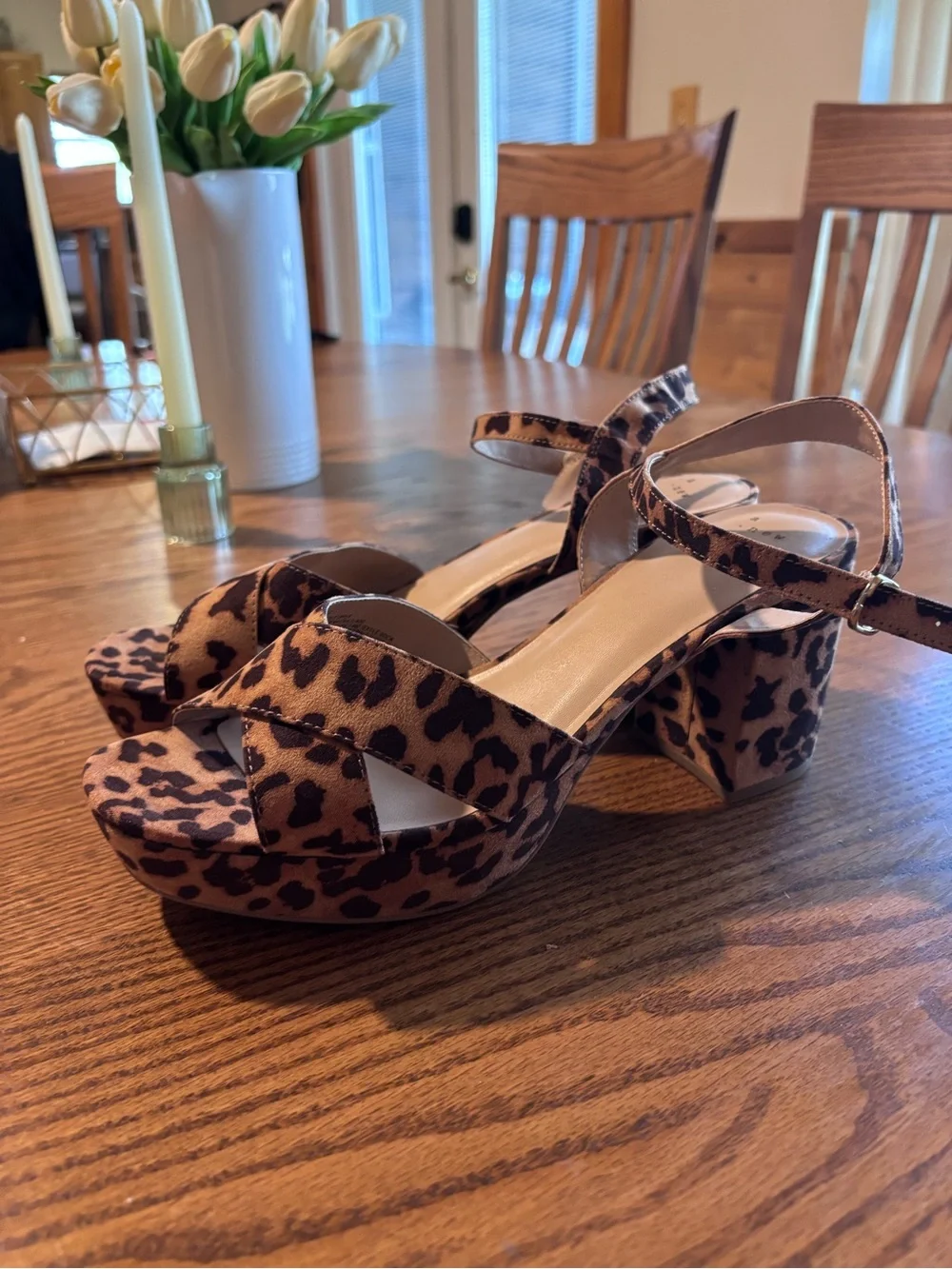 Leopard Print Block Heel Sandals - Brown and Black